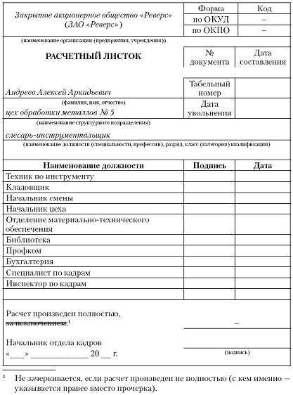 Расчетный лист при увольнении образец